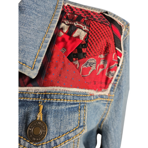 Vintage Upcycled Canyon River Blues Lace Butterfly Tie‎ Patches Jean Jacket XL - Picture 5 of 15